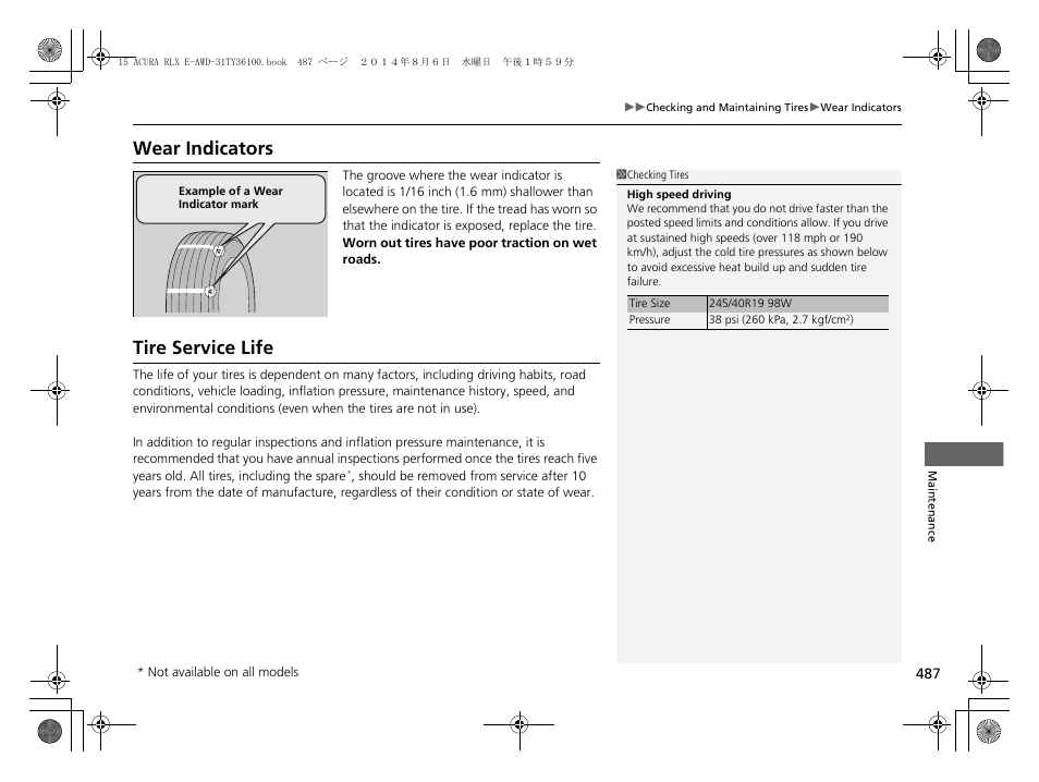 Wear indicators tire service life, Wear indicators, Tire service life | Acura 2014 RLX Hybrid - Owner's Manual User Manual | Page 488 / 565