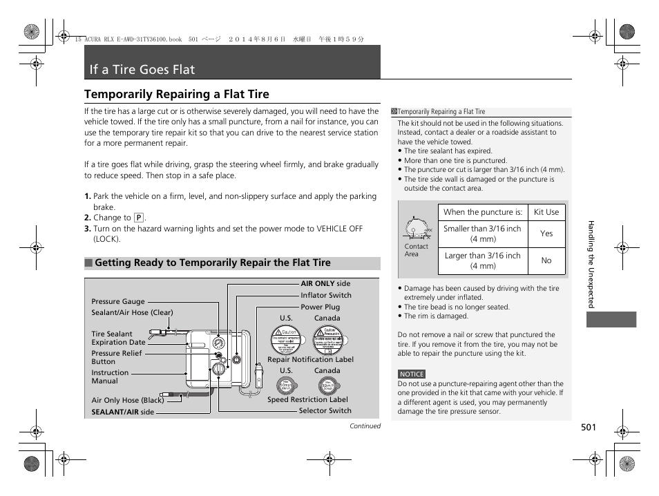 If a tire goes flat p, P 501, If a tire goes flat | Temporarily repairing a flat tire | Acura 2014 RLX Hybrid - Owner's Manual User Manual | Page 502 / 565