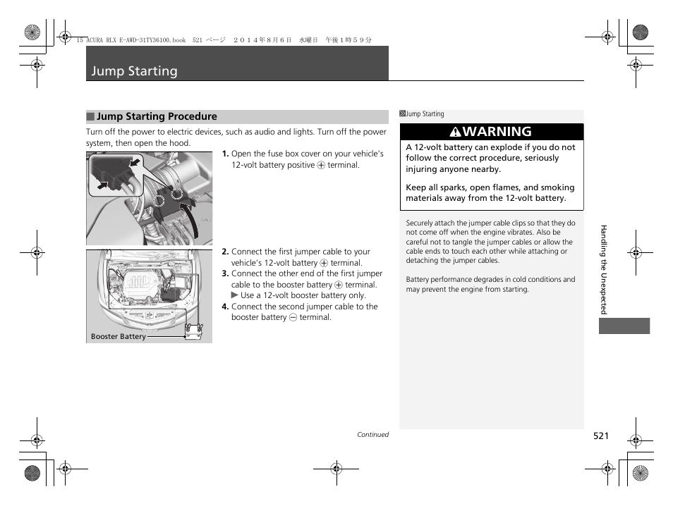 Jump starting p. 521, Jump starting, Warning | Acura 2014 RLX Hybrid - Owner's Manual User Manual | Page 522 / 565