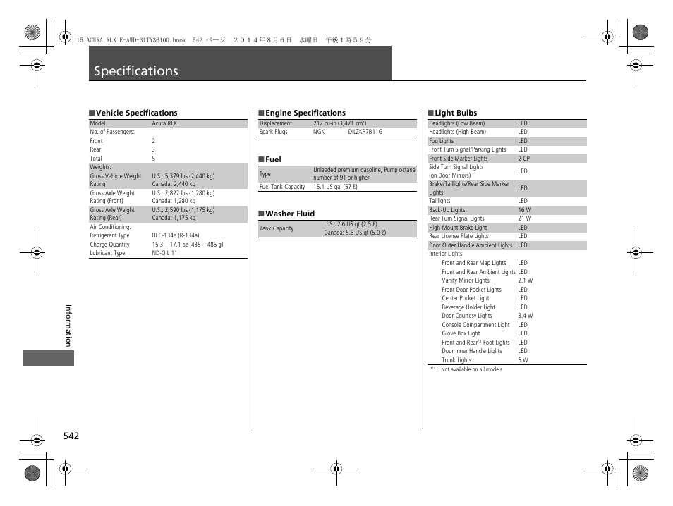 Specifications p. 542, Specifications | Acura 2014 RLX Hybrid - Owner's Manual User Manual | Page 543 / 565