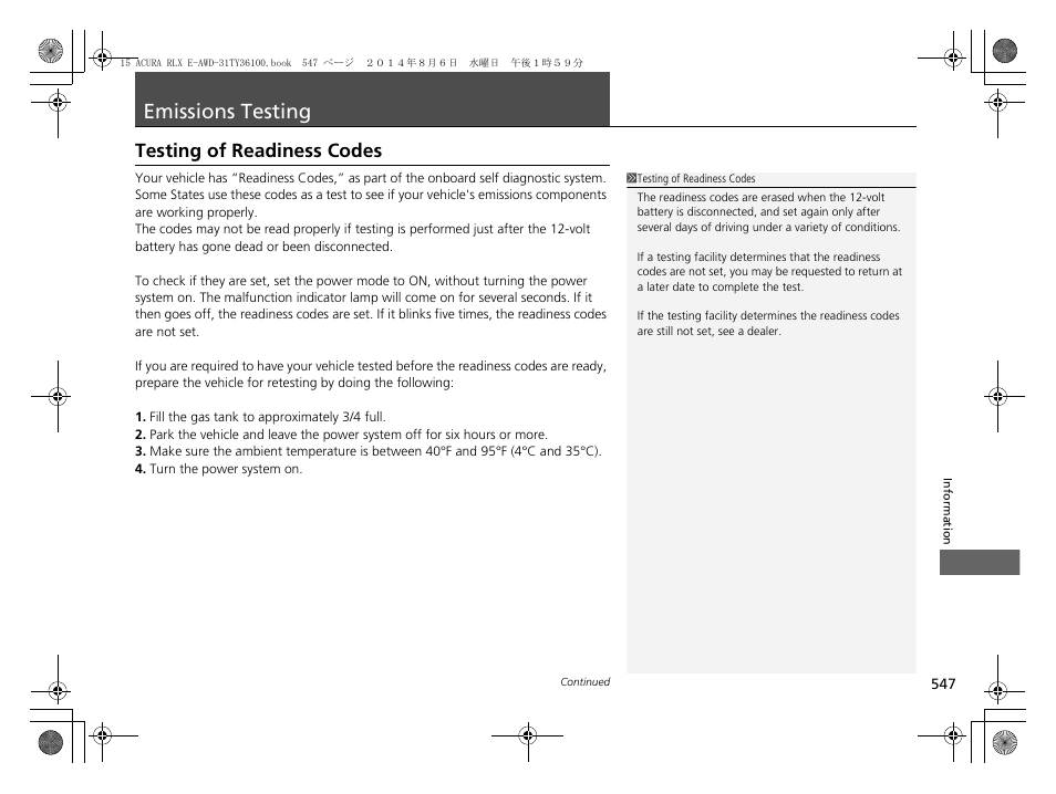 Emissions testing p. 547, Testing of readiness codes p. 547, Emissions testing | Testing of readiness codes | Acura 2014 RLX Hybrid - Owner's Manual User Manual | Page 548 / 565