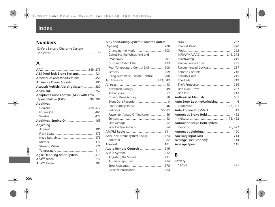 Index, Index numbers | Acura 2014 RLX Hybrid - Owner's Manual User Manual | Page 557 / 565
