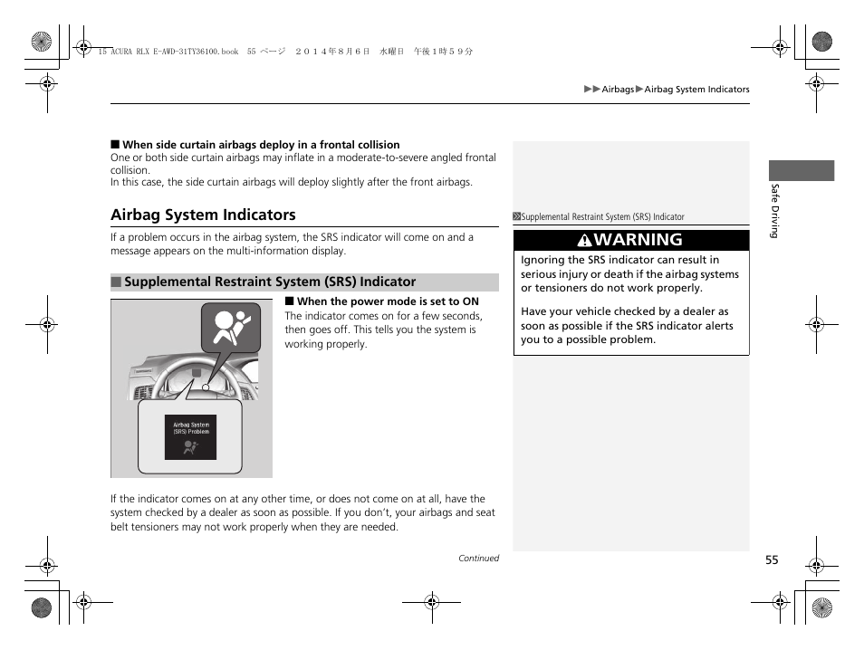 Airbag system indicators, Warning | Acura 2014 RLX Hybrid - Owner's Manual User Manual | Page 56 / 565