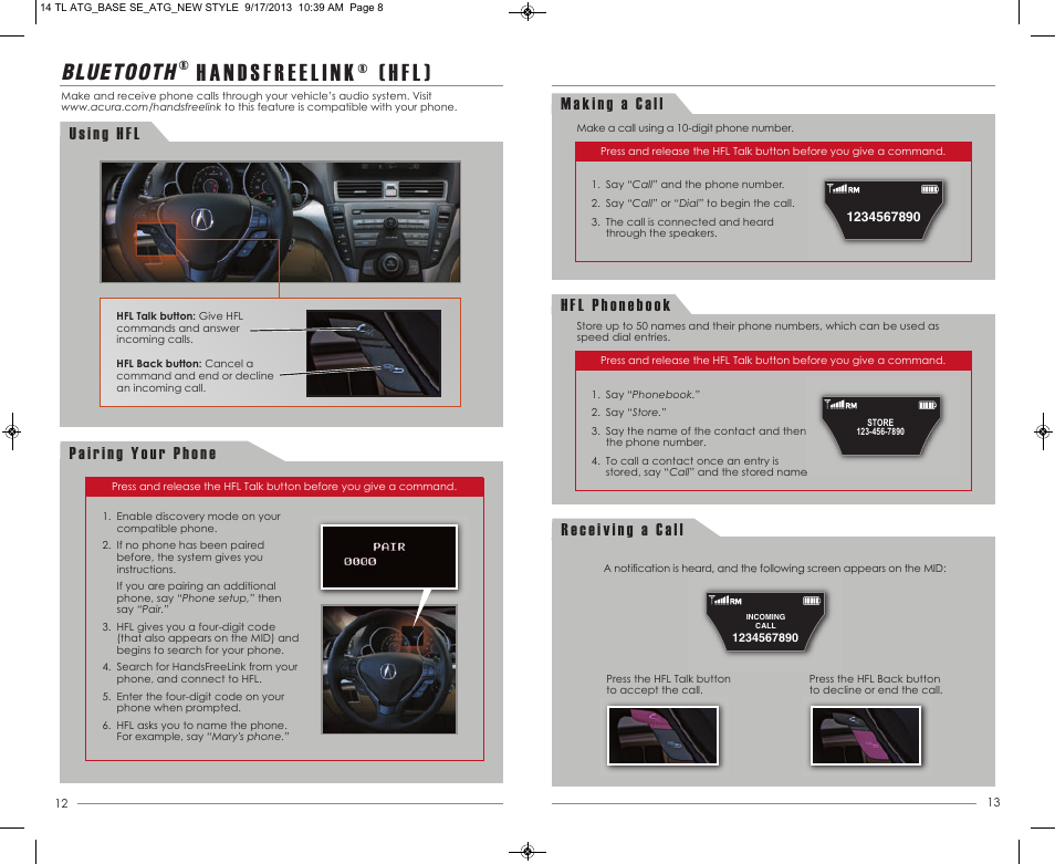 P. 12, Handsfreelink® (hfl), Bluetooth | Acura 2014 TL - Technology Reference Guide (Base) User Manual | Page 8 / 10
