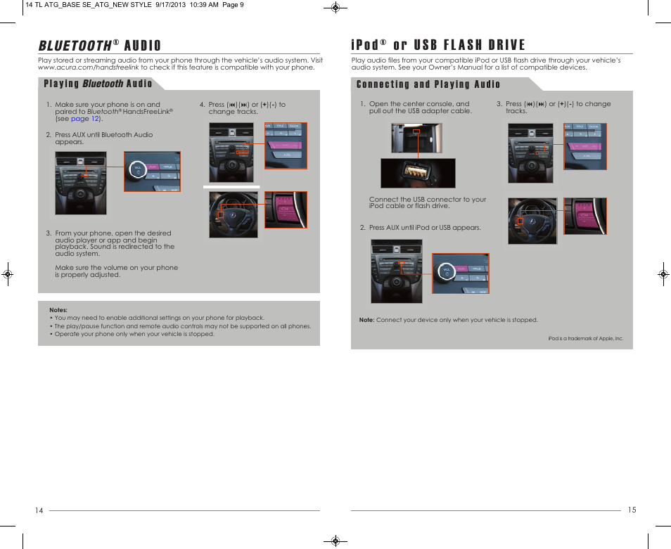 P. 14, Au d i o, Bluetooth | Acura 2014 TL - Technology Reference Guide (Base) User Manual | Page 9 / 10