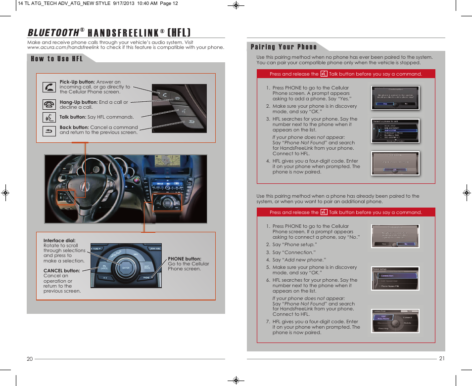 P. 20, Hfl), Handsfreelink | Bluetooth | Acura 2014 TL - Technology Reference Guide (Tech) User Manual | Page 12 / 17