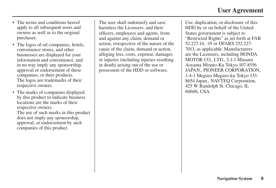User agreement | Acura 2014 TL - Navigation Manual User Manual | Page 10 / 160
