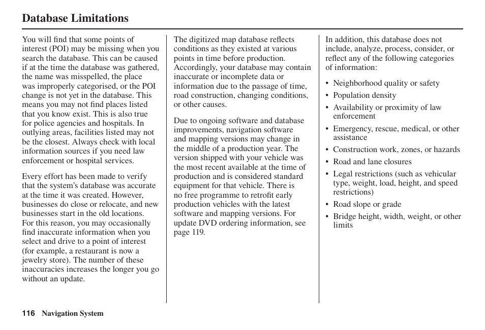 Database limitations | Acura 2014 TL - Navigation Manual User Manual | Page 117 / 160