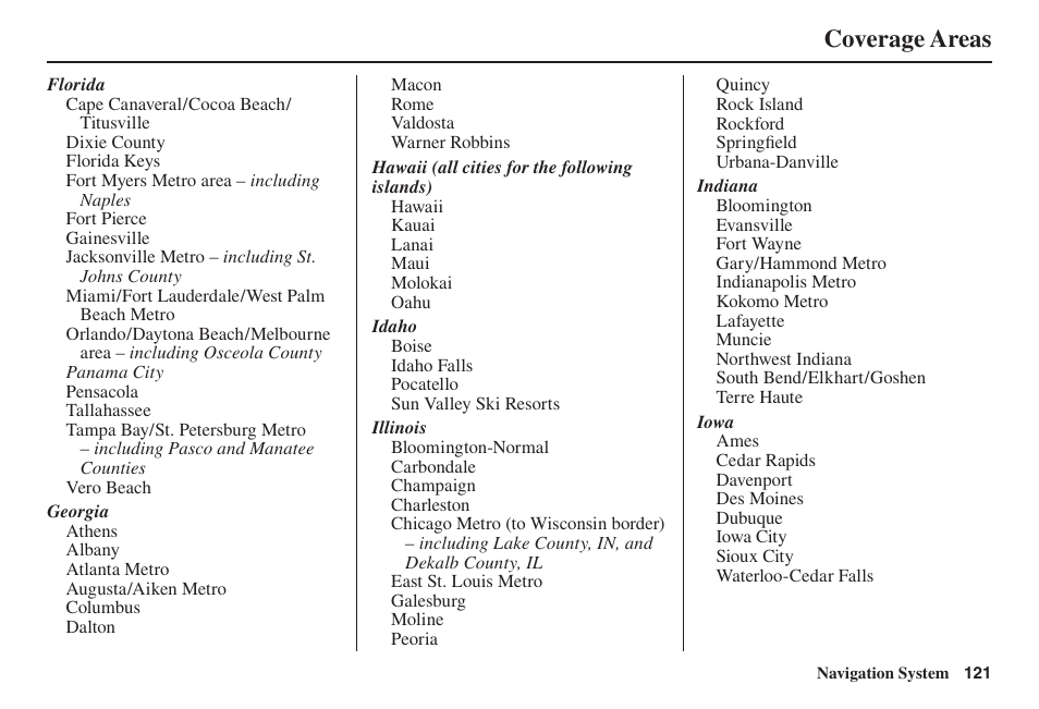 Coverage areas | Acura 2014 TL - Navigation Manual User Manual | Page 122 / 160