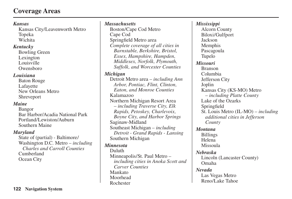 Coverage areas | Acura 2014 TL - Navigation Manual User Manual | Page 123 / 160