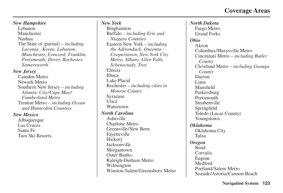 Coverage areas | Acura 2014 TL - Navigation Manual User Manual | Page 124 / 160