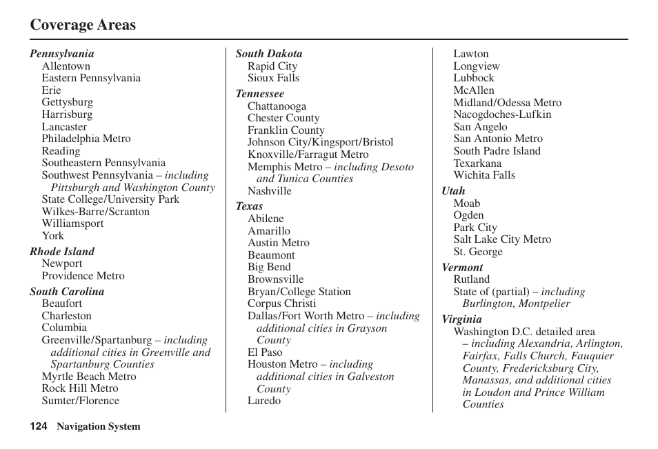Coverage areas | Acura 2014 TL - Navigation Manual User Manual | Page 125 / 160