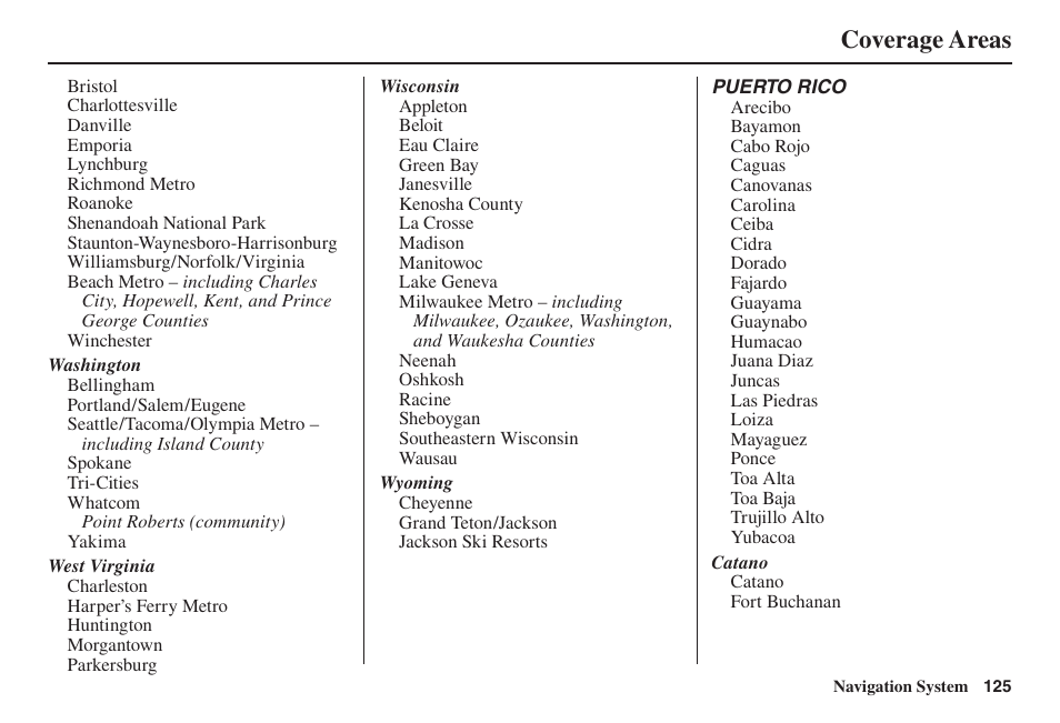 Coverage areas | Acura 2014 TL - Navigation Manual User Manual | Page 126 / 160