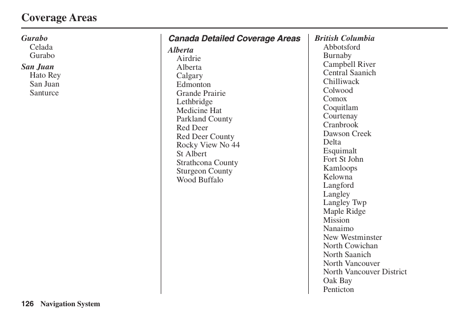 Coverage areas | Acura 2014 TL - Navigation Manual User Manual | Page 127 / 160
