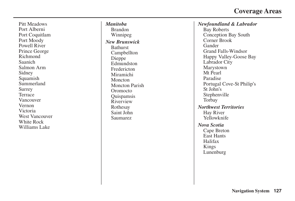 Coverage areas | Acura 2014 TL - Navigation Manual User Manual | Page 128 / 160