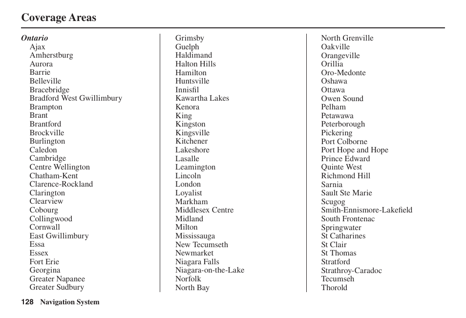 Coverage areas | Acura 2014 TL - Navigation Manual User Manual | Page 129 / 160