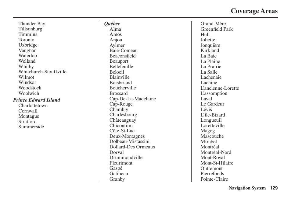 Coverage areas | Acura 2014 TL - Navigation Manual User Manual | Page 130 / 160