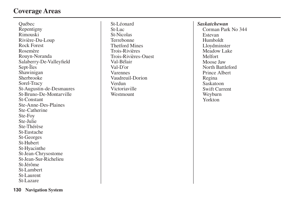 Coverage areas | Acura 2014 TL - Navigation Manual User Manual | Page 131 / 160