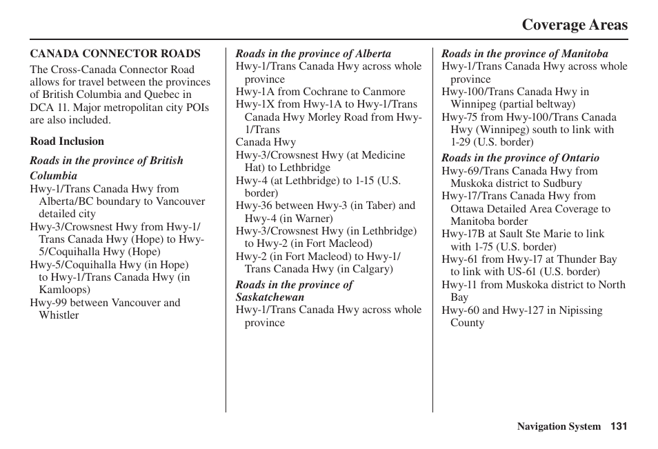 Coverage areas | Acura 2014 TL - Navigation Manual User Manual | Page 132 / 160