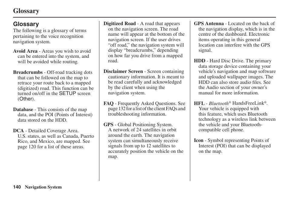 Glossary | Acura 2014 TL - Navigation Manual User Manual | Page 141 / 160