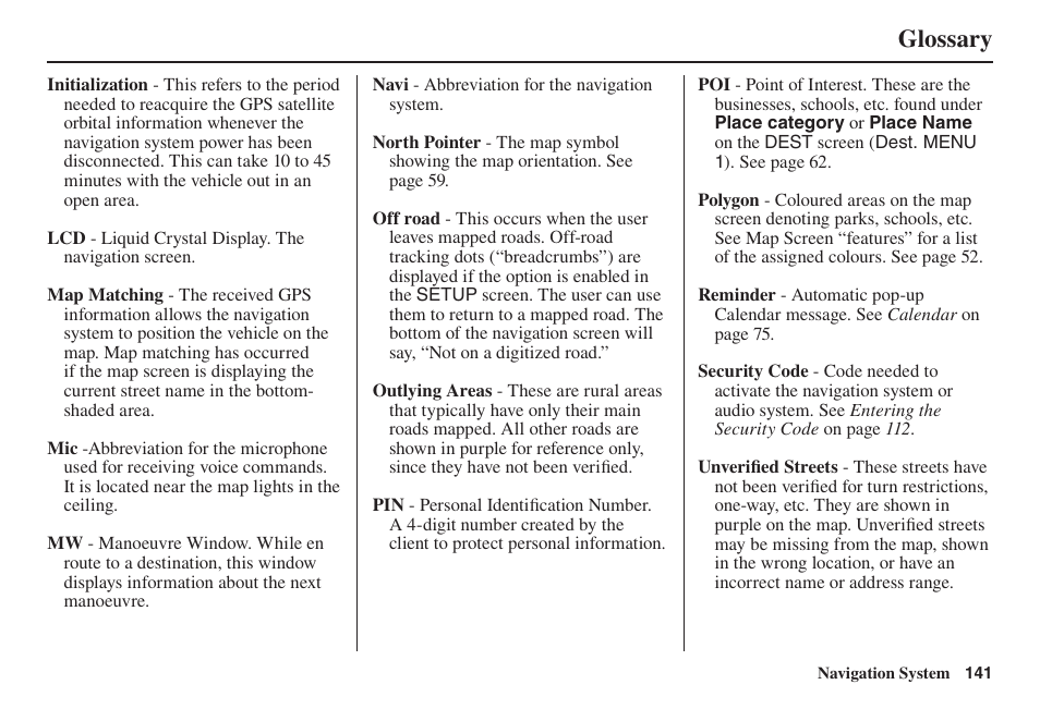 Glossary | Acura 2014 TL - Navigation Manual User Manual | Page 142 / 160