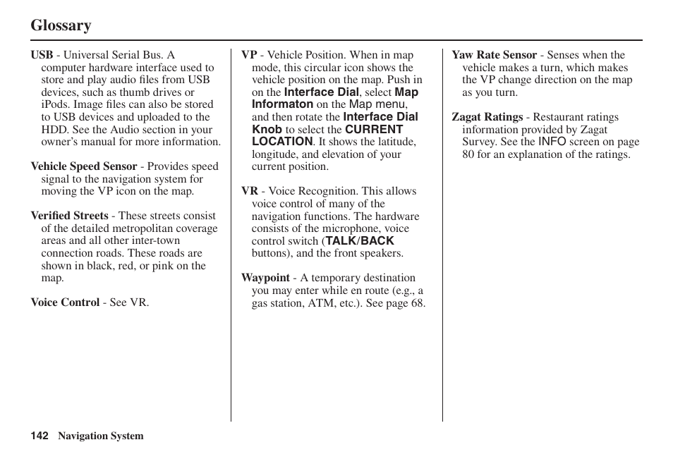 Glossary | Acura 2014 TL - Navigation Manual User Manual | Page 143 / 160