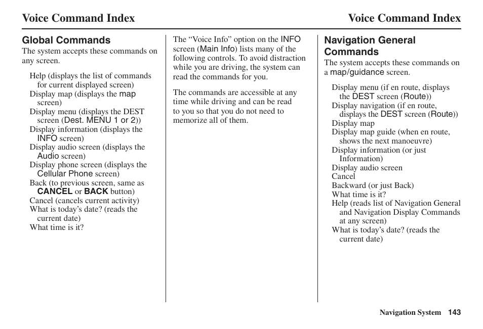 Voice command index | Acura 2014 TL - Navigation Manual User Manual | Page 144 / 160