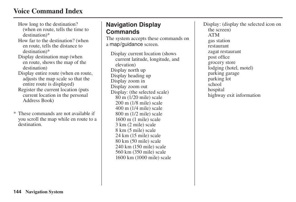 Voice command index | Acura 2014 TL - Navigation Manual User Manual | Page 145 / 160