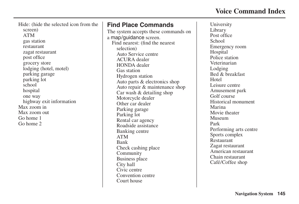 Voice command index | Acura 2014 TL - Navigation Manual User Manual | Page 146 / 160
