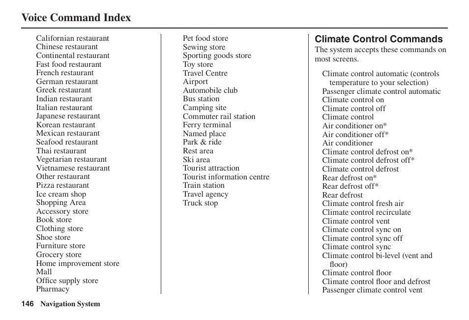 Voice command index | Acura 2014 TL - Navigation Manual User Manual | Page 147 / 160
