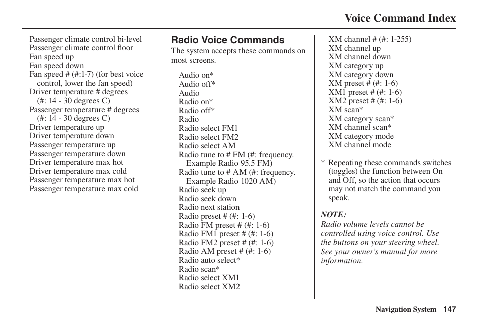 Voice command index | Acura 2014 TL - Navigation Manual User Manual | Page 148 / 160