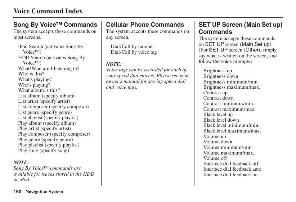 Voice command index | Acura 2014 TL - Navigation Manual User Manual | Page 151 / 160