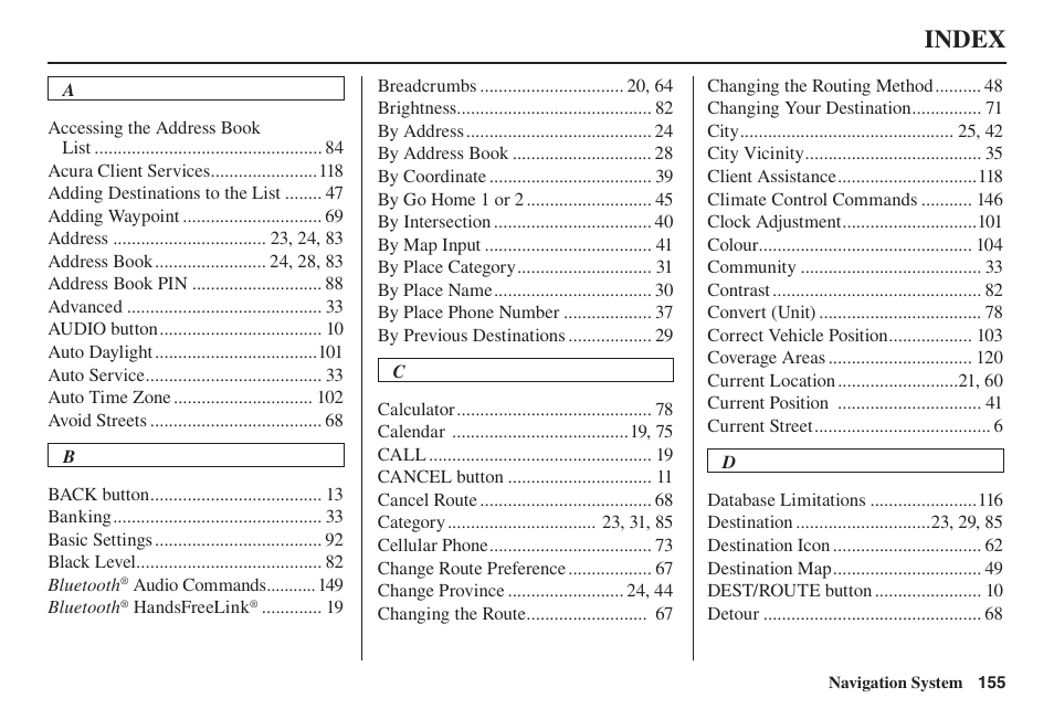 Index | Acura 2014 TL - Navigation Manual User Manual | Page 156 / 160