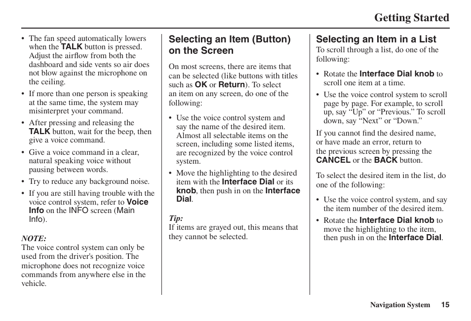 Getting started | Acura 2014 TL - Navigation Manual User Manual | Page 16 / 160