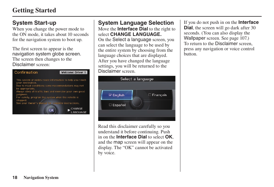 Getting started | Acura 2014 TL - Navigation Manual User Manual | Page 19 / 160
