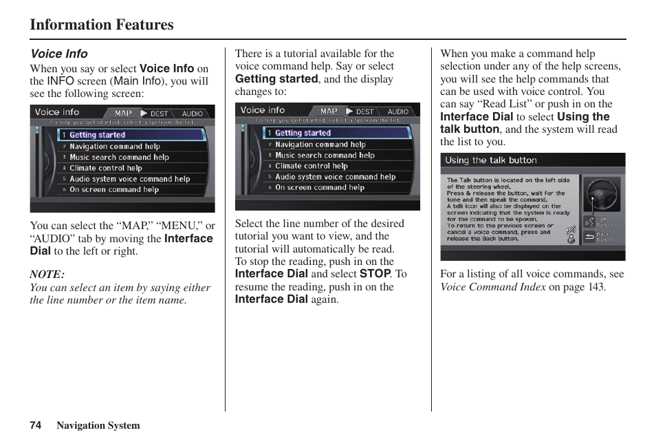 Information features | Acura 2014 TL - Navigation Manual User Manual | Page 75 / 160
