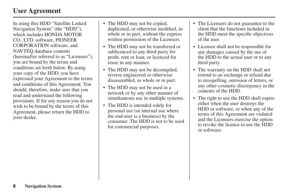 User agreement | Acura 2014 TL - Navigation Manual User Manual | Page 9 / 160