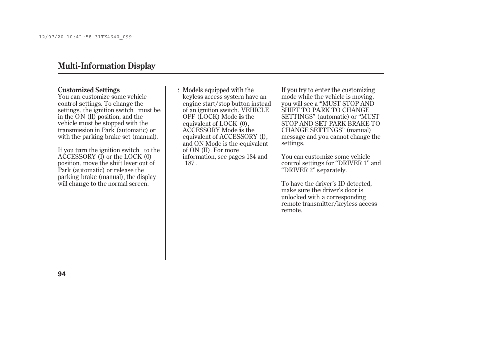 Multi-information display | Acura 2014 TL - Owner's Manual User Manual | Page 100 / 653