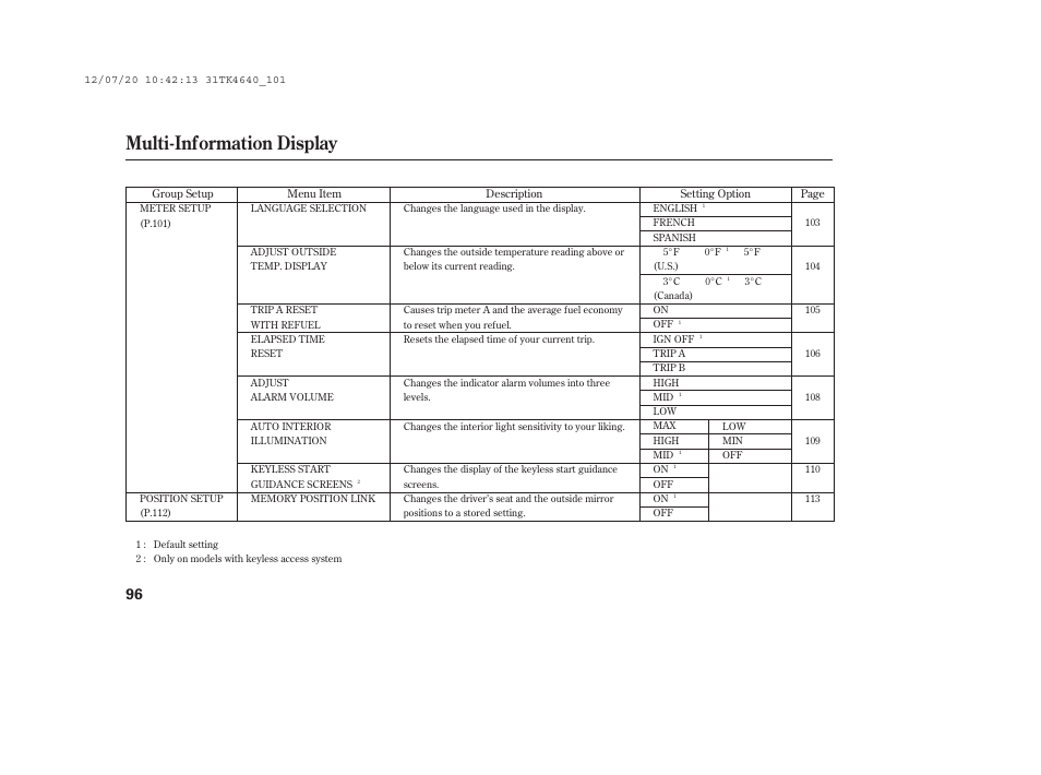 Multi-information display | Acura 2014 TL - Owner's Manual User Manual | Page 102 / 653