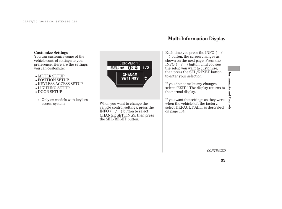 Multi-information display | Acura 2014 TL - Owner's Manual User Manual | Page 105 / 653