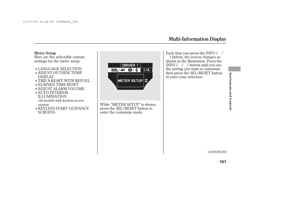 Multi-information display | Acura 2014 TL - Owner's Manual User Manual | Page 107 / 653