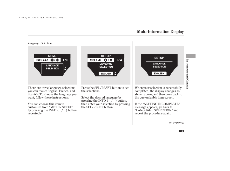 Multi-information display | Acura 2014 TL - Owner's Manual User Manual | Page 109 / 653