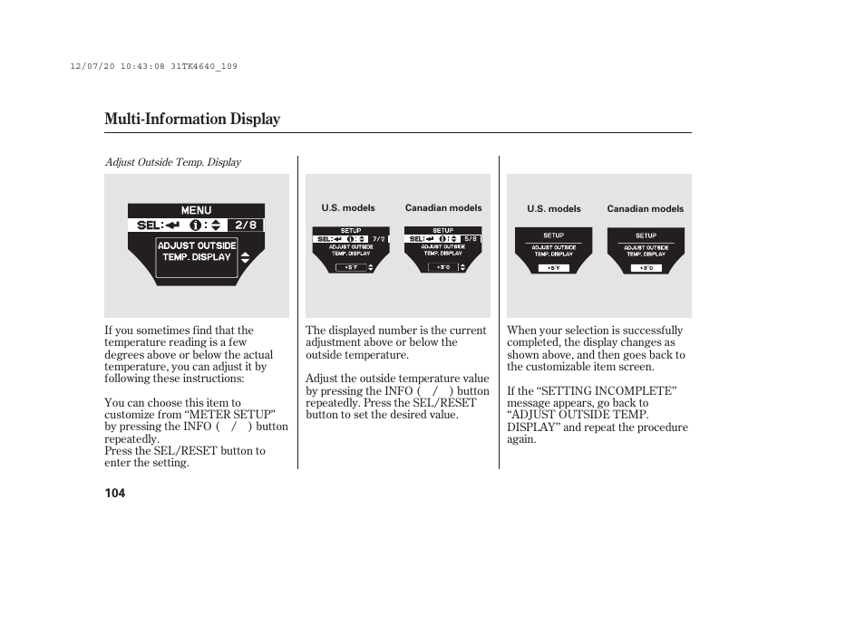 Multi-information display | Acura 2014 TL - Owner's Manual User Manual | Page 110 / 653