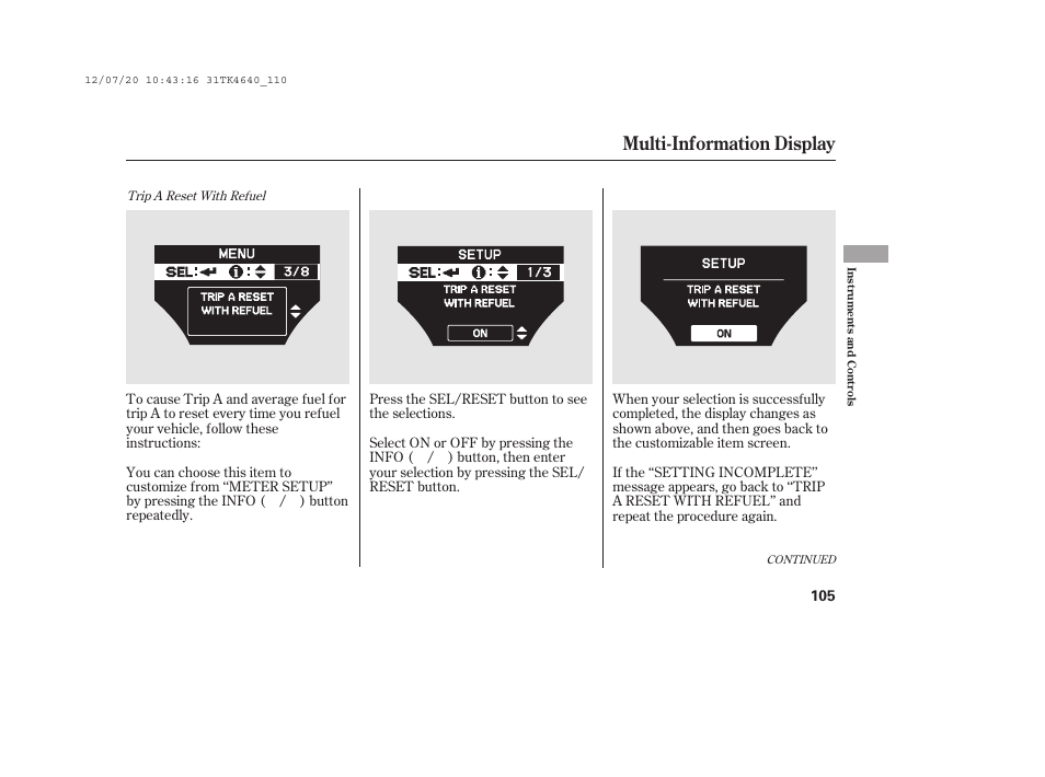 Multi-information display | Acura 2014 TL - Owner's Manual User Manual | Page 111 / 653