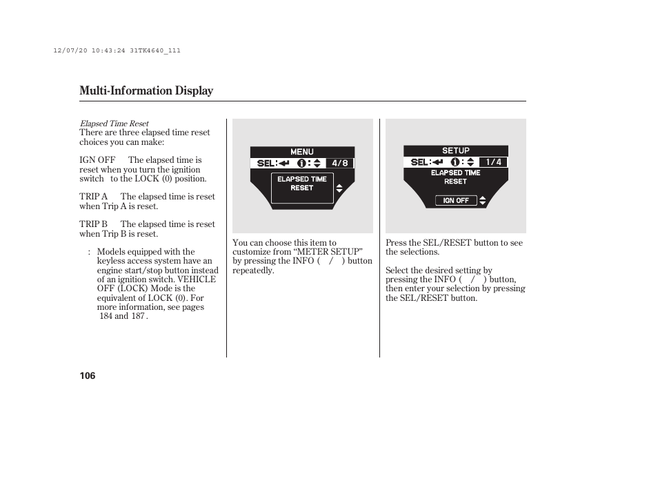 Multi-information display | Acura 2014 TL - Owner's Manual User Manual | Page 112 / 653