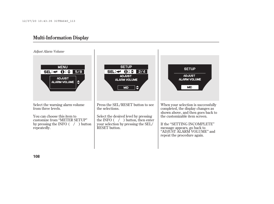 Multi-information display | Acura 2014 TL - Owner's Manual User Manual | Page 114 / 653