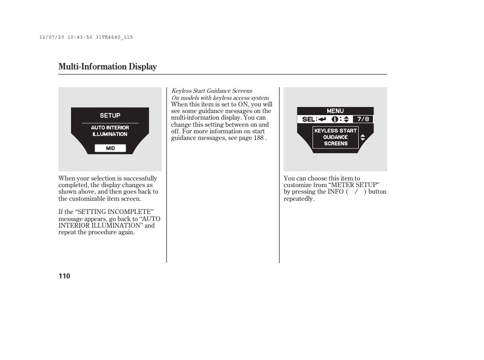 Multi-information display | Acura 2014 TL - Owner's Manual User Manual | Page 116 / 653