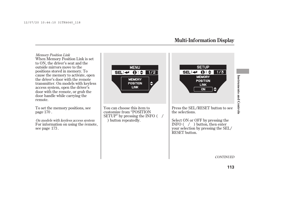 Multi-information display | Acura 2014 TL - Owner's Manual User Manual | Page 119 / 653