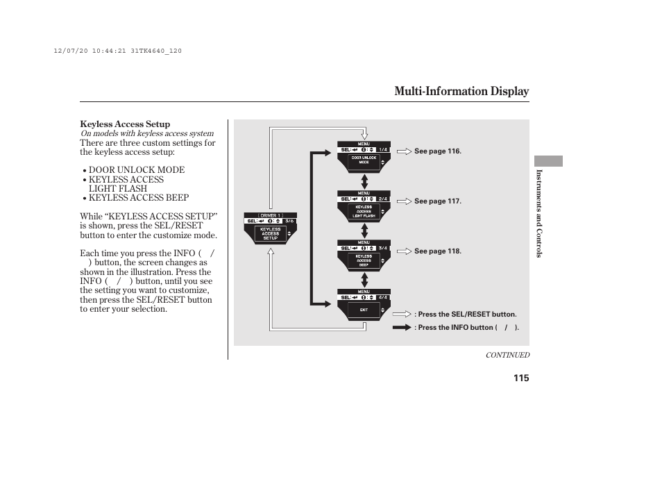 Multi-information display | Acura 2014 TL - Owner's Manual User Manual | Page 121 / 653