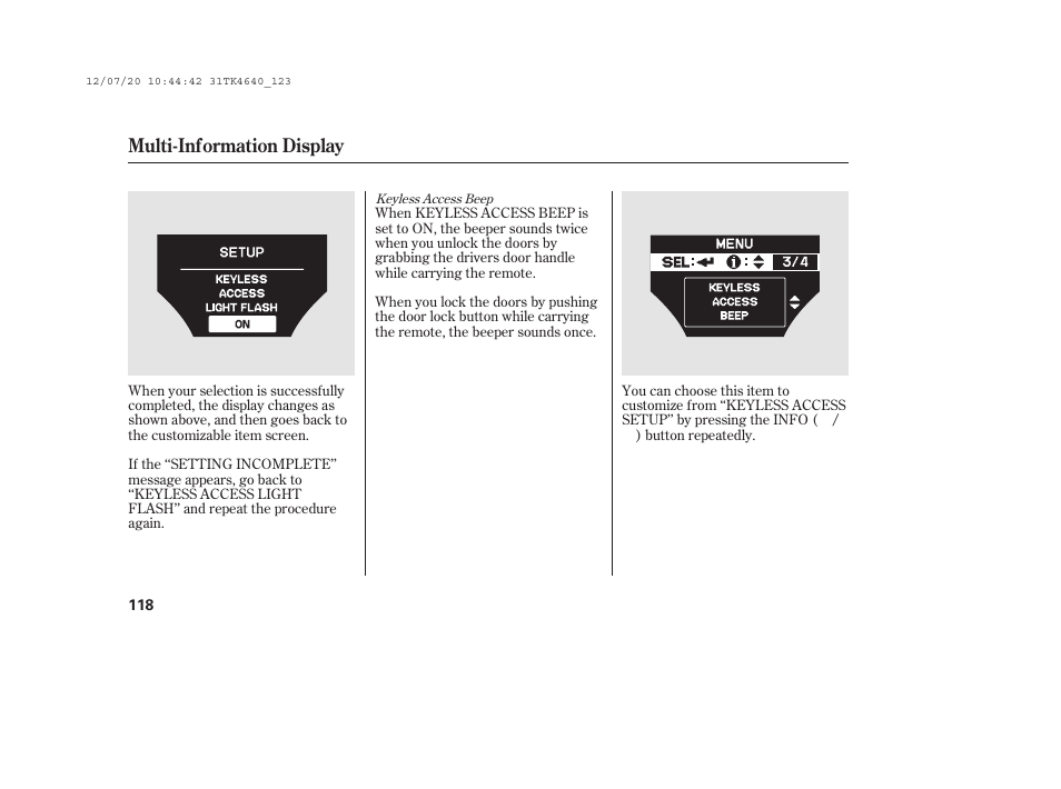 Multi-information display | Acura 2014 TL - Owner's Manual User Manual | Page 124 / 653